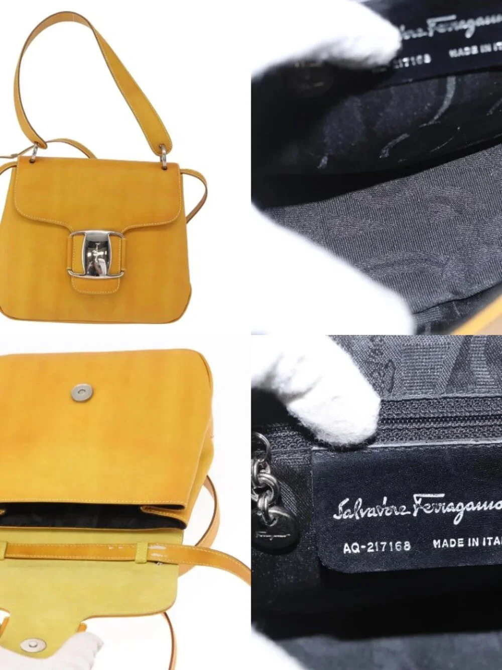 Salvatore Ferragamo Vala Hand Bag Leather 2way Yellow Silver Auth 166370